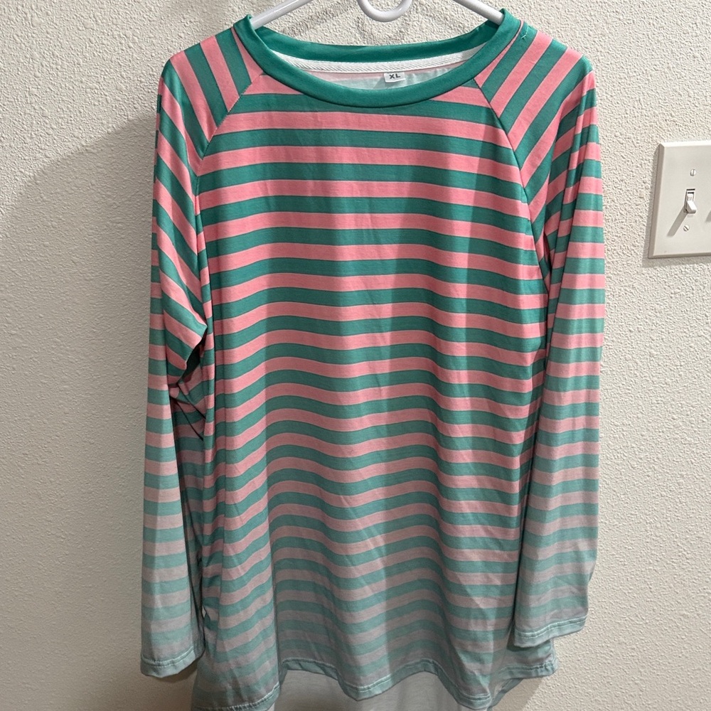 Striped Long Sleeve Tee in Teal & Pink